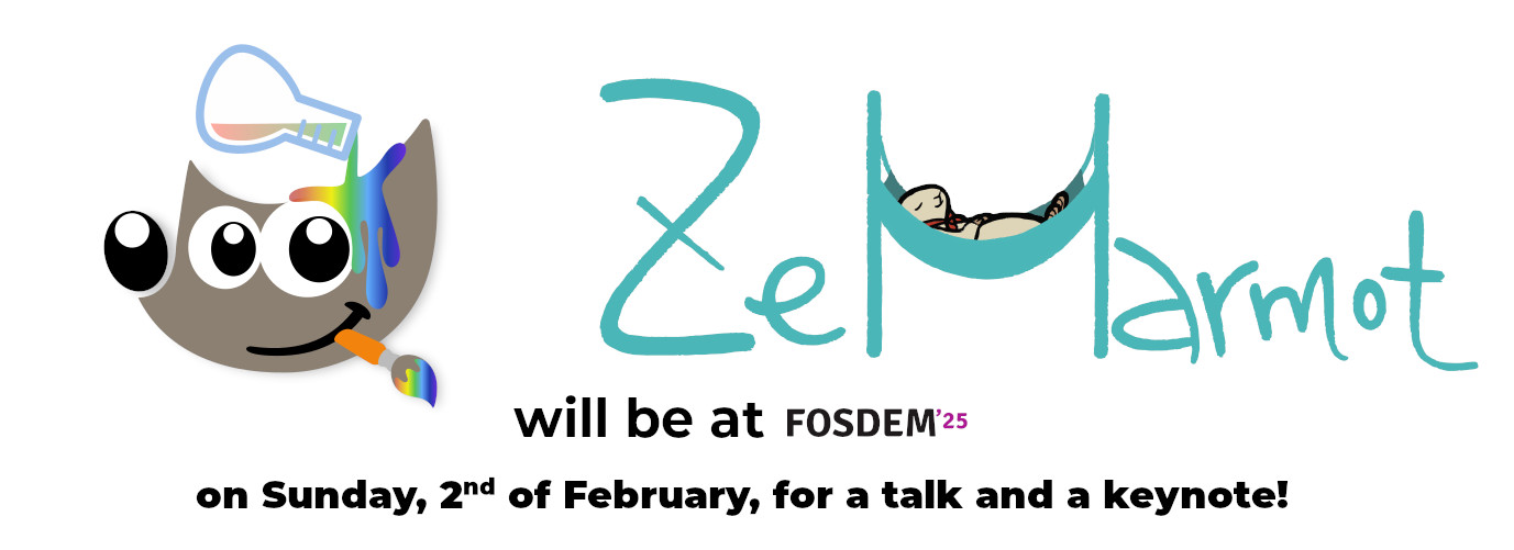 L'équipe GIMP et ZeMarmot seront au FOSDEM'25 ce dimanche 2 février, for une conférence et une keynote!