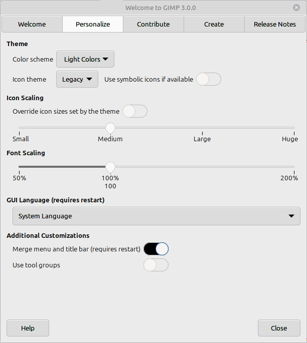 Personalize section of Welcome Dialog